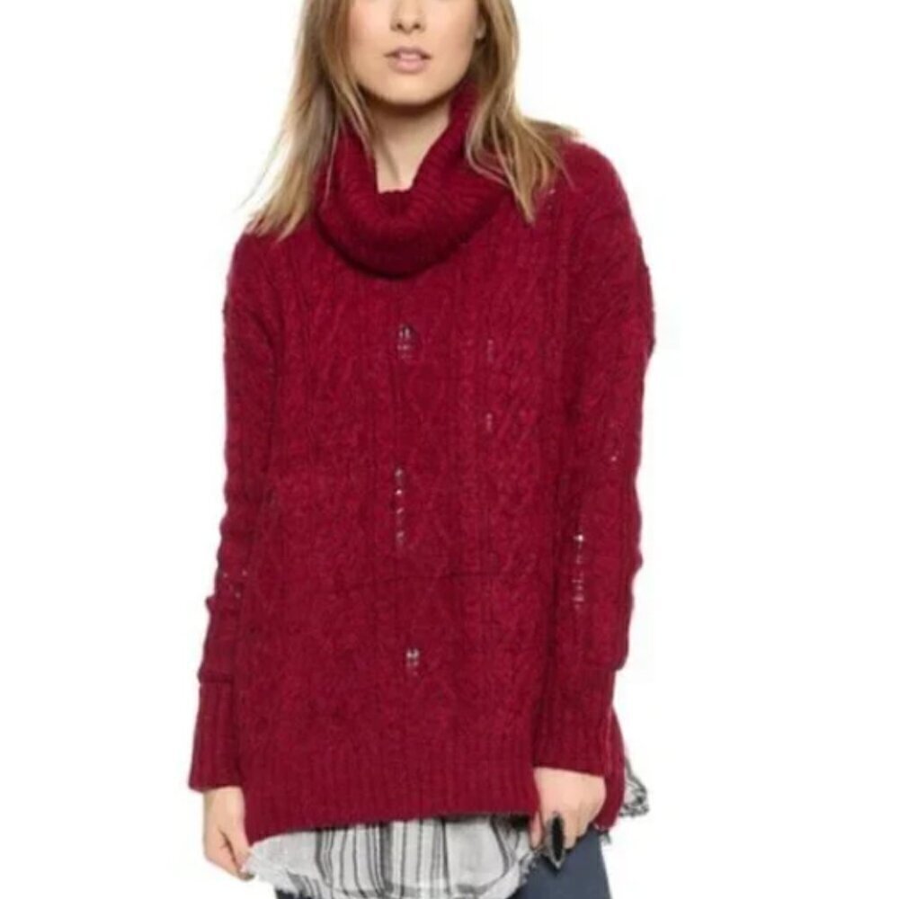 FREE PEOPLE Oversized Distressed Complex Cable Knit turtleneck Pullover Size S